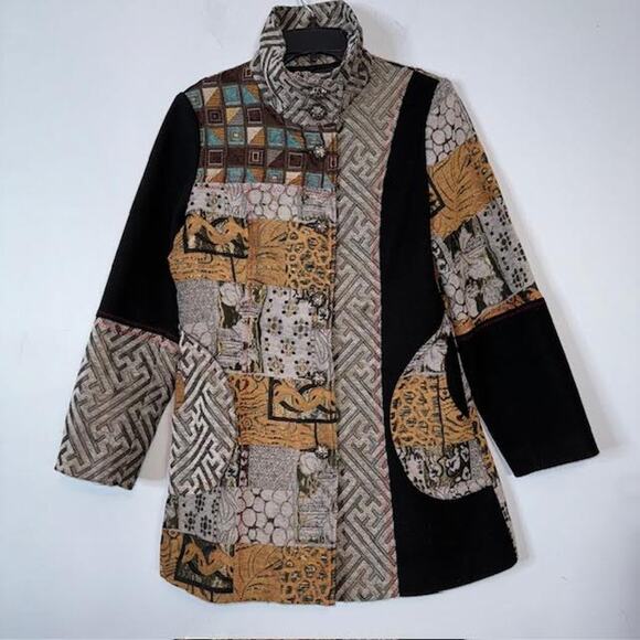 Zashi Women's Black & Beige Abstract Patchwork Jacket Long Sleeves Collar Small - Picture 1 of 6
